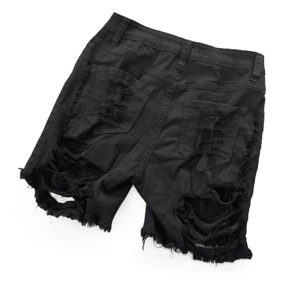 Fashionova Distressed Black Jeans Shorts 26 Frayed Hem High-Waist Ripped - Picture 3 of 7